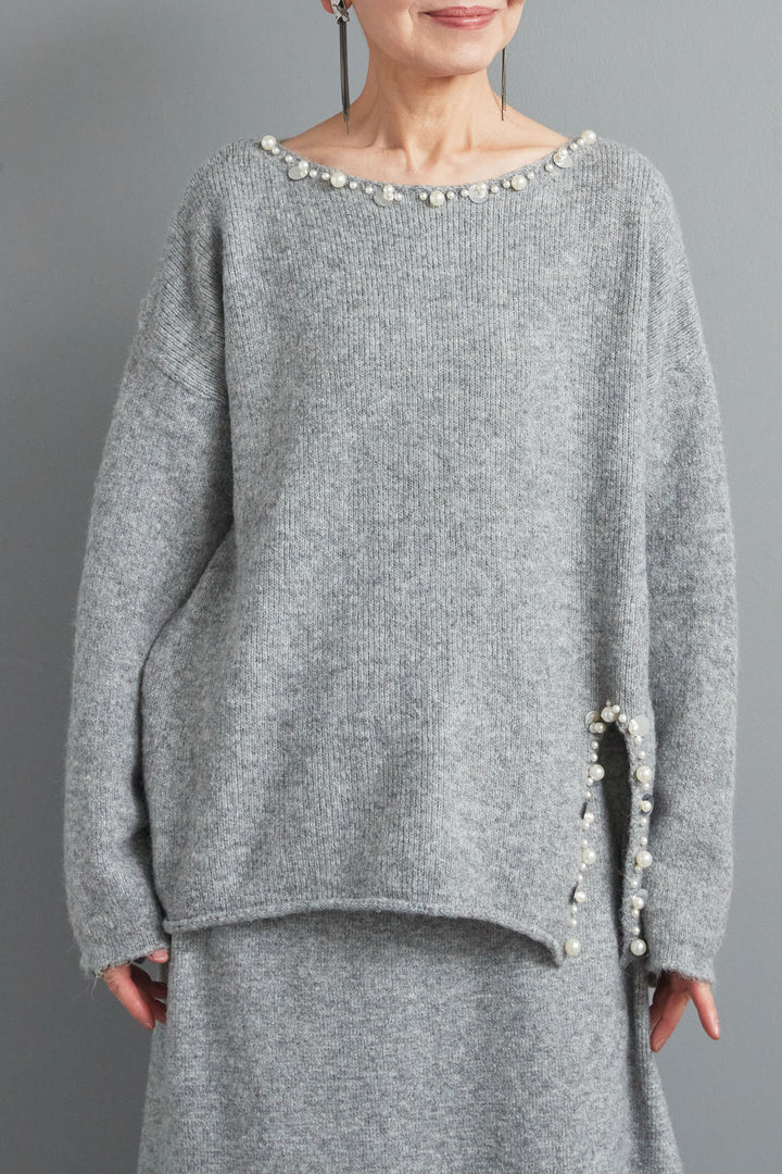 【SET】ビジューニットセットアップ+ラウンドシルエットエコレザーノーカラージャケット(2set)