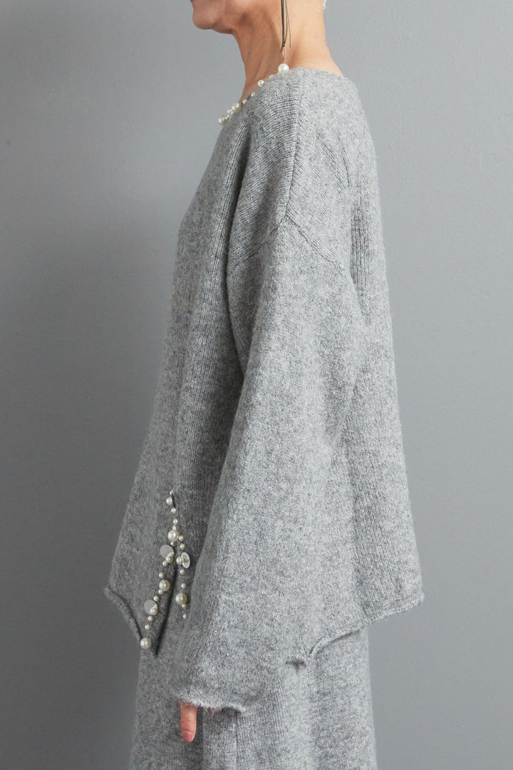 【SET】ビジューニットセットアップ+ラウンドシルエットエコレザーノーカラージャケット(2set)