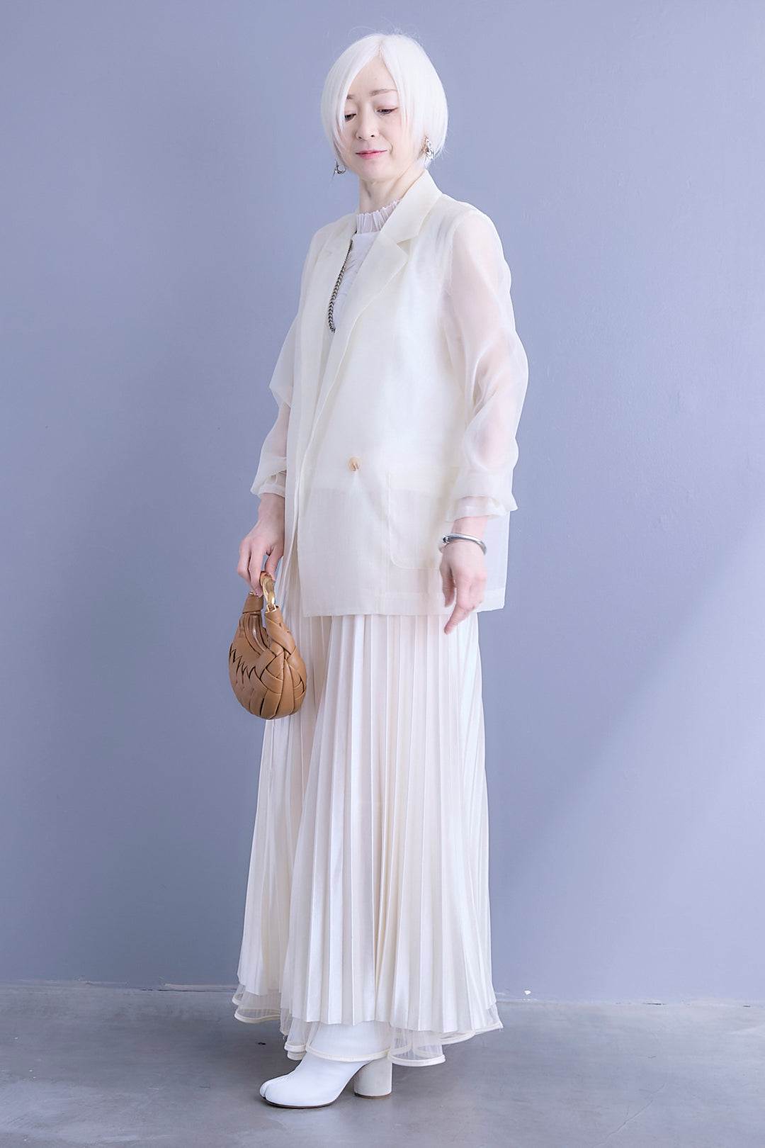 【SET】シアーポプリンダブルテーラードジャケット+ウェーブモチーフスタンドネックブラウス+2WAYラメサテンプリーツ×シアーティアードチュールスカート(3set)