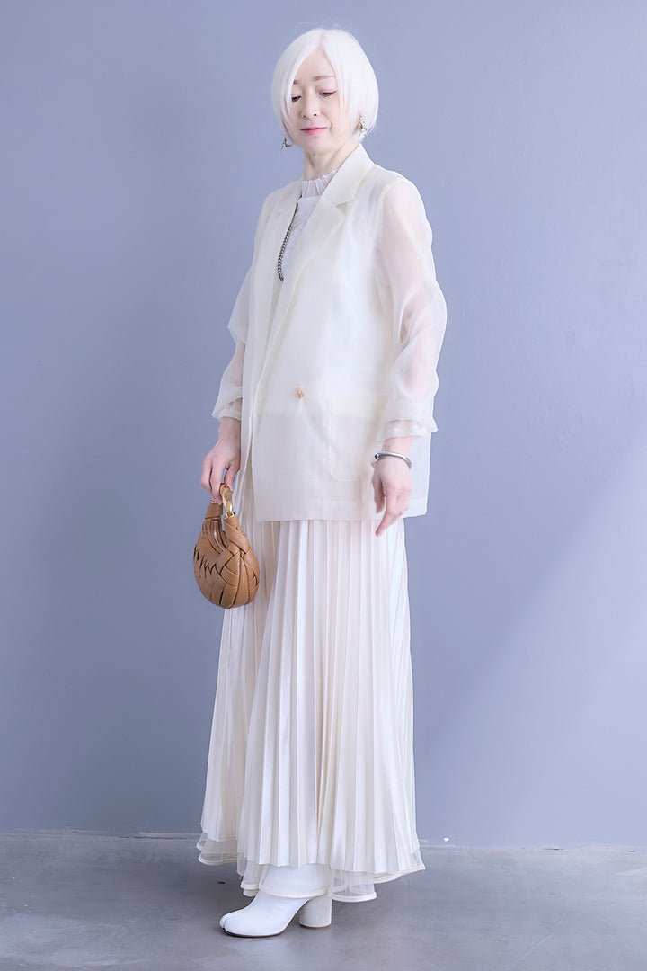 【SET】シアーポプリンダブルテーラードジャケット+ウェーブモチーフスタンドネックブラウス+2WAYラメサテンプリーツ×シアーティアードチュールスカート(3set)