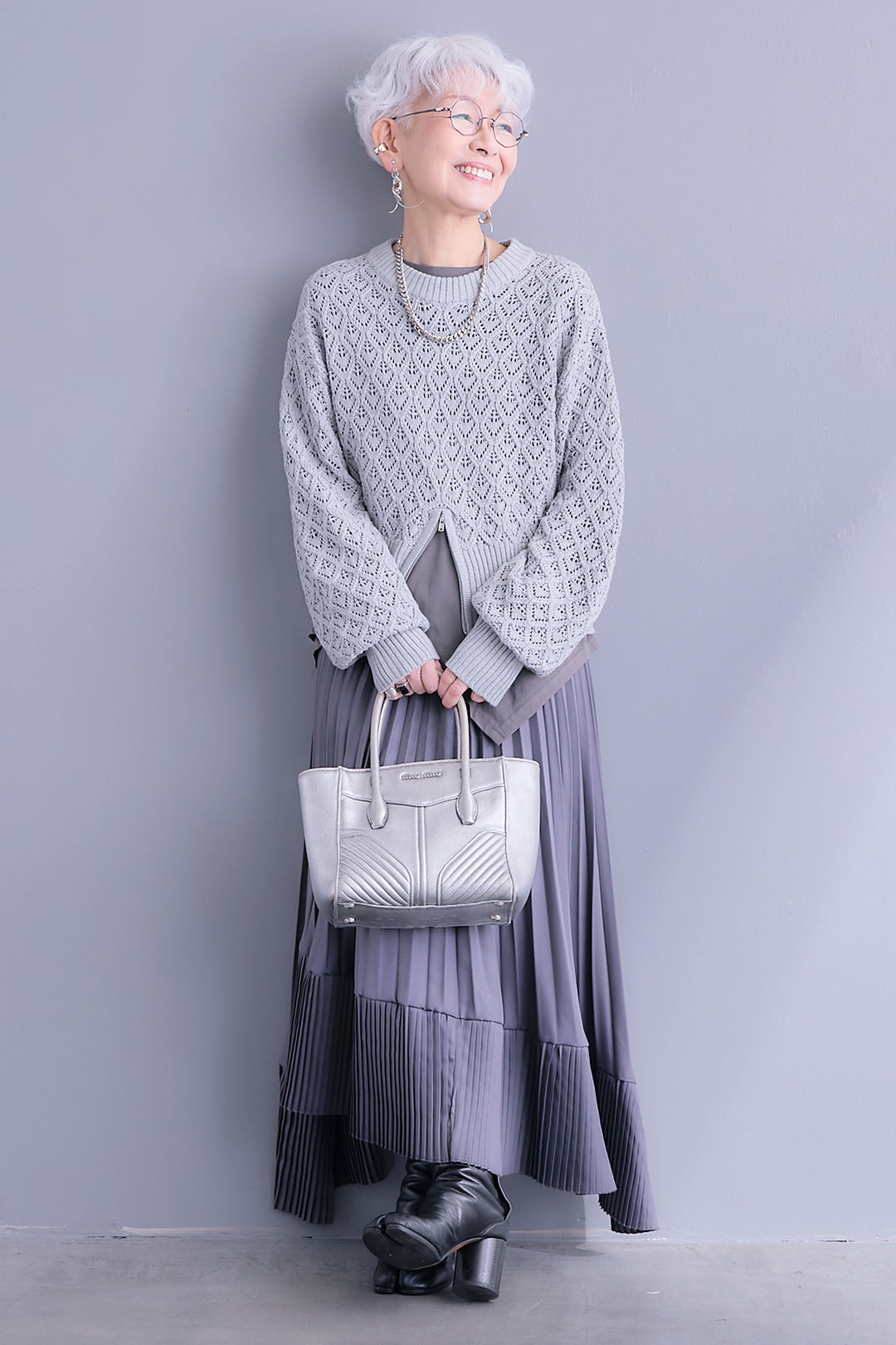 【SET】透かし編みフロントZIPニット+アシンメトリーロンT+アシンメトリープリーツスカート(3set)