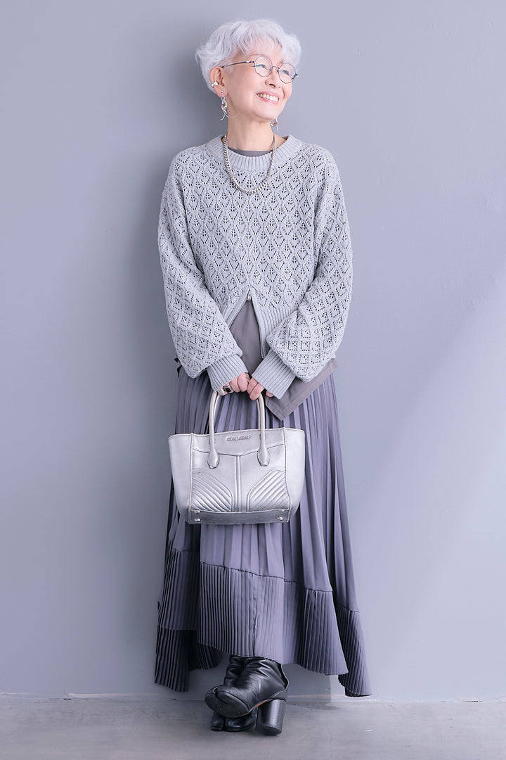 【SET】透かし編みフロントZIPニット+アシンメトリーロンT+アシンメトリープリーツスカート(3set)