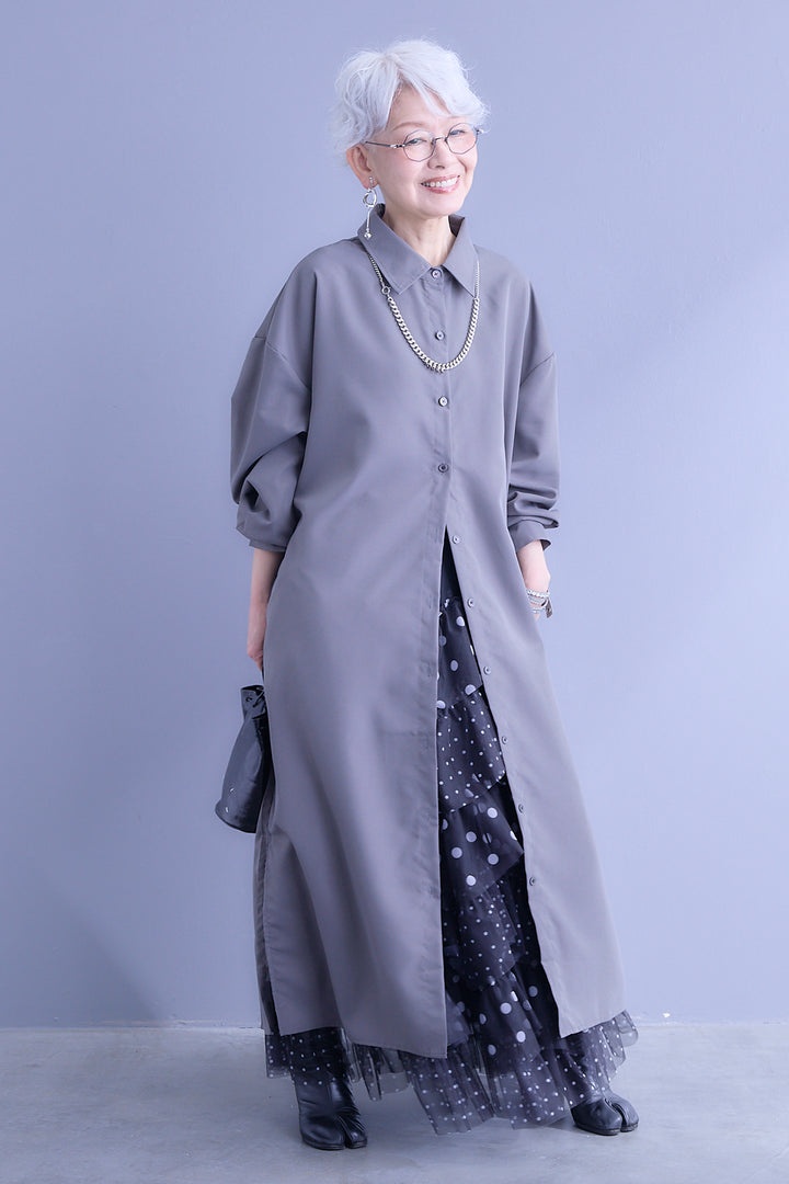 【SET】バックワイドプリーツシャツワンピース+ドットレイヤードチュールスカート(2set)