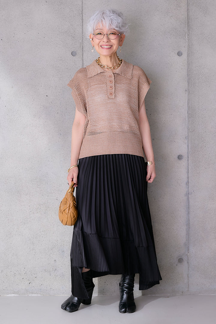 【SET】リネンライクメッシュニット+アシンメトリープリーツスカート(2set)