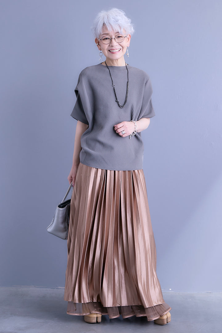 【SET】アップスリーブニットプルオーバー+2WAYラメサテンプリーツ×シアーティアードチュールスカート(2set)