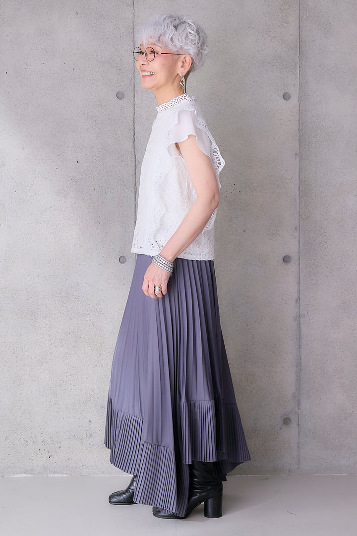 【SET】接触冷感スタンドカラーフレンチスリーブレースブラウス+アシンメトリープリーツスカート(2set)