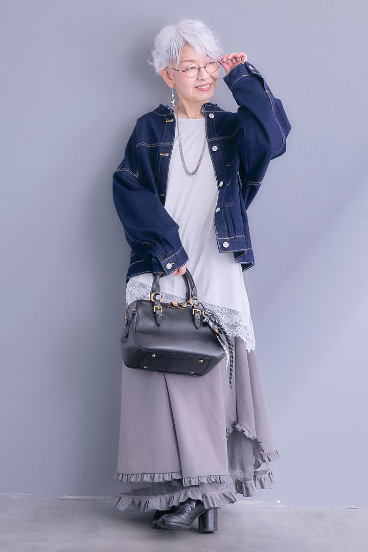 【SET】ノーカラーオーバーサイズデニムジャケット+ヘムレースアシメロンT+ヘムチュールレイヤードフリルスカート(3set)