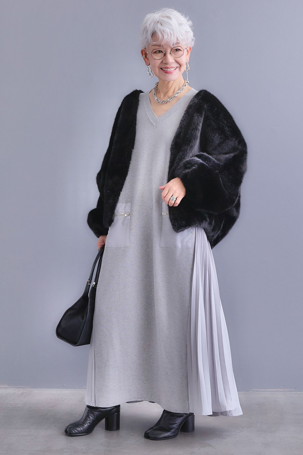 SET】ZIPポケットサイドプリーツニットワンピース+ノーカラーラウンド