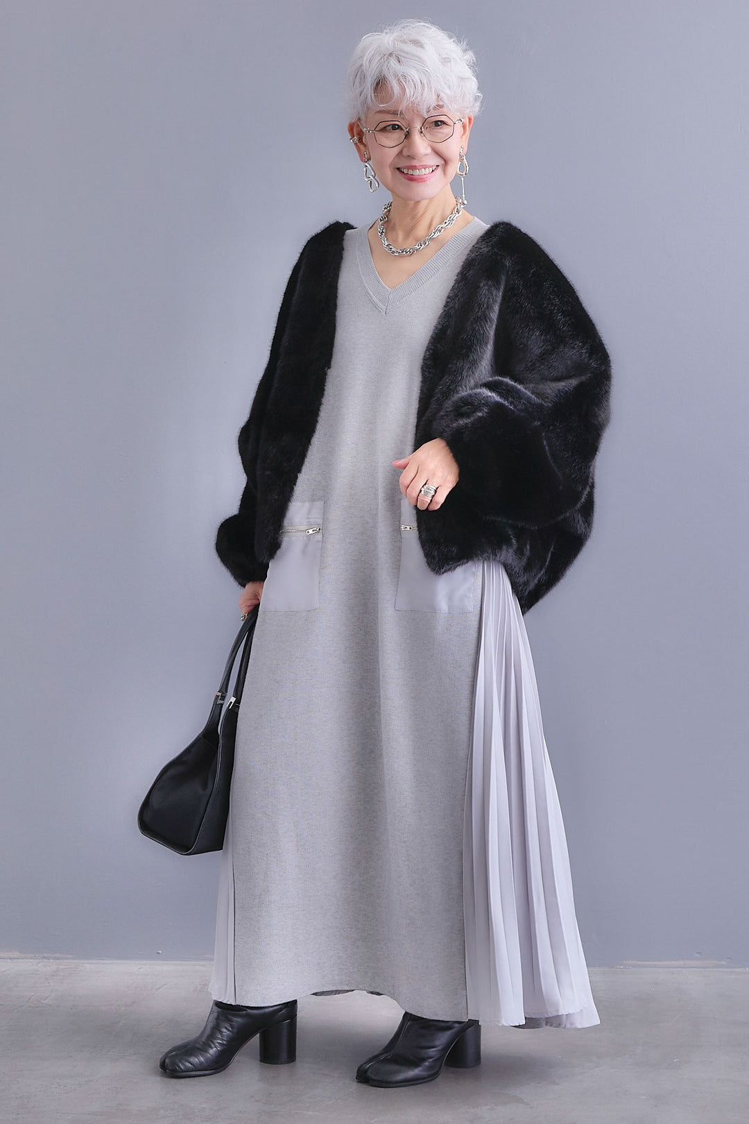 【SET】ZIPポケットサイドプリーツニットワンピース+ノーカラーラウンドシルエットファーコート(2set)