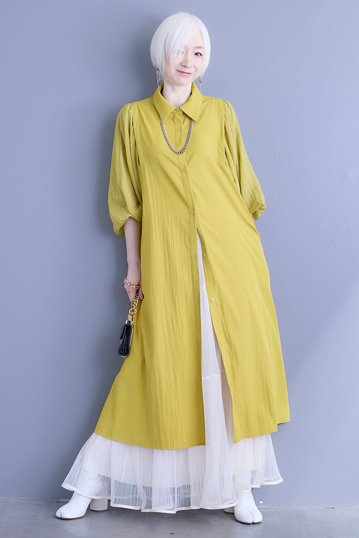 【SET】バルーンスリーブシャツワンピース+2WAYラメサテンプリーツ×シアーティアードチュールスカート(2set)
