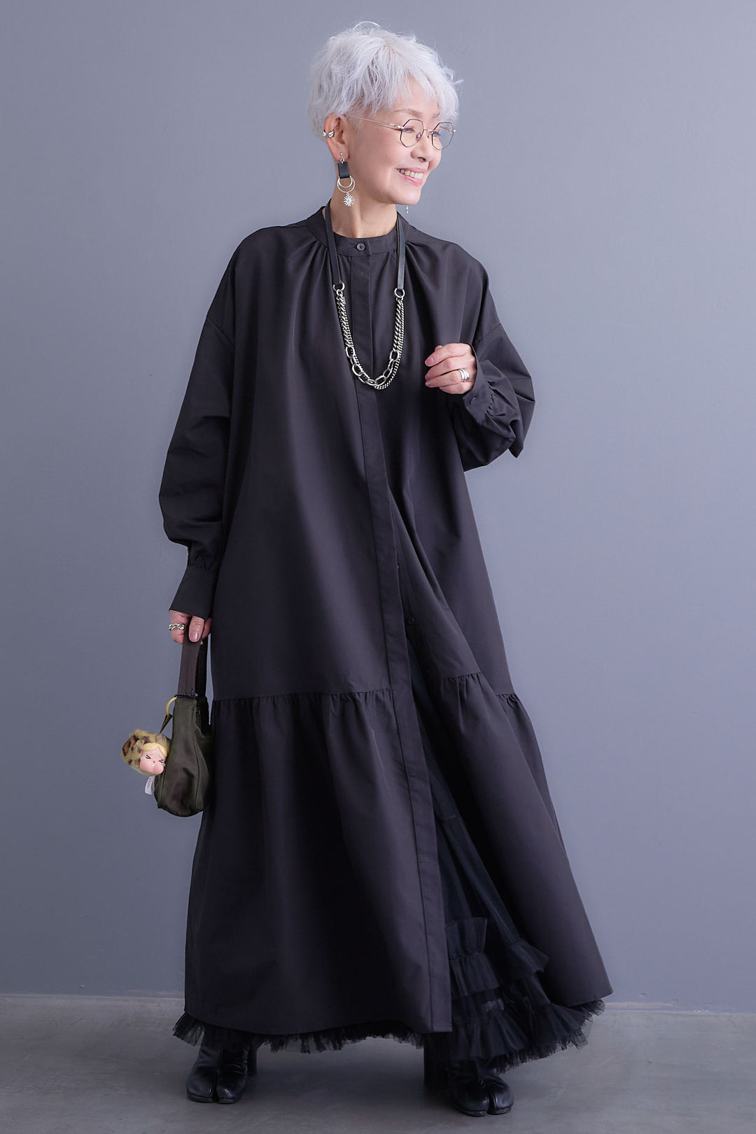 【SET】ボリュームスリーブバックシャンワンピース+フリルチュールティアードスカート(2set)