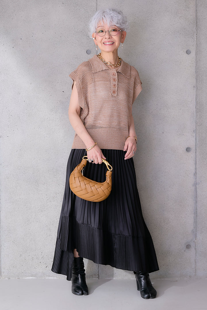 【SET】リネンライクメッシュニット+アシンメトリープリーツスカート(2set)
