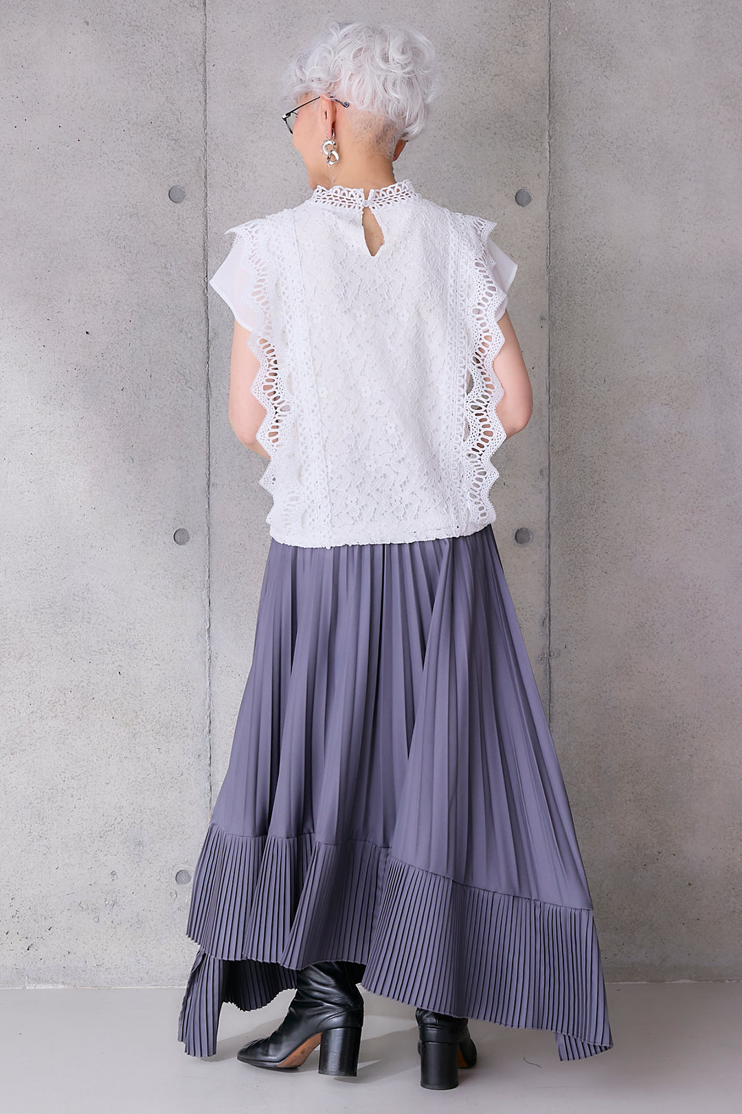 【SET】接触冷感スタンドカラーフレンチスリーブレースブラウス+アシンメトリープリーツスカート(2set)