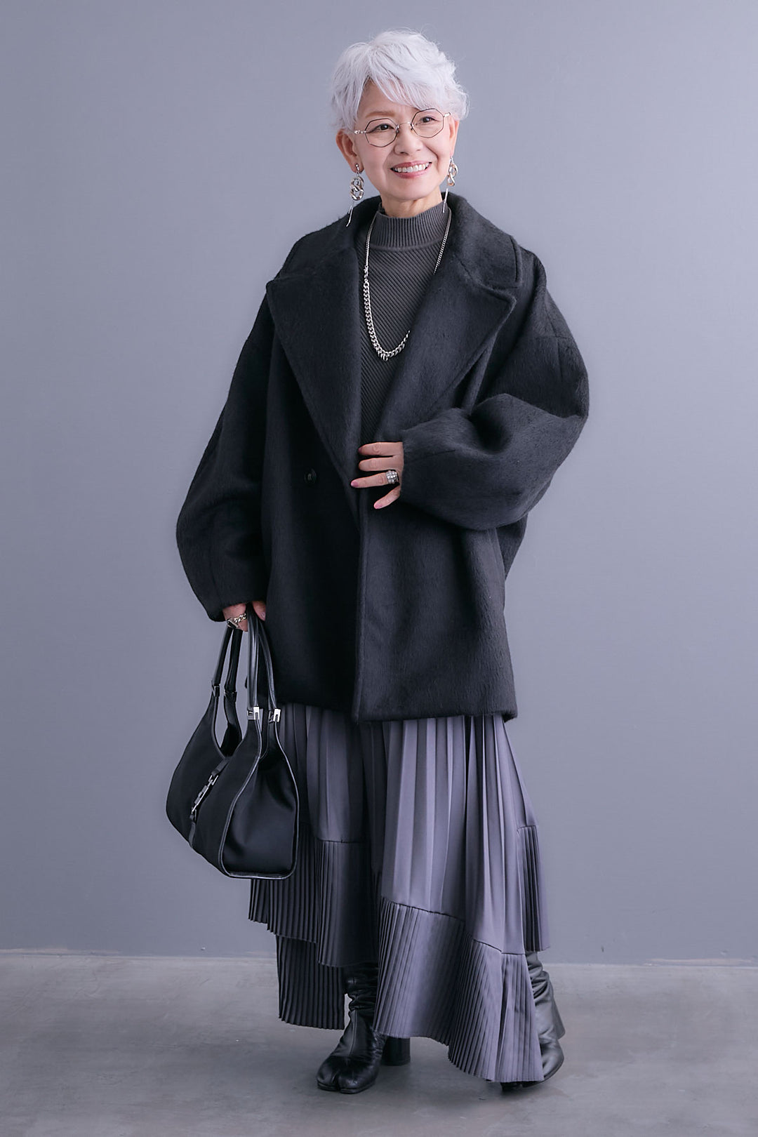 【SET】アシンメトリーオーバーニット+ワイドラペルコクーンスリーブシャギーコート+アシンメトリープリーツスカート(3set)