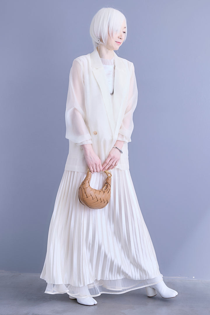 【SET】シアーポプリンダブルテーラードジャケット+ウェーブモチーフスタンドネックブラウス+2WAYラメサテンプリーツ×シアーティアードチュールスカート(3set)