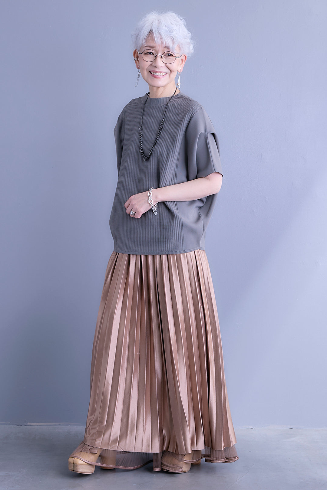 【SET】アップスリーブニットプルオーバー+2WAYラメサテンプリーツ×シアーティアードチュールスカート(2set)