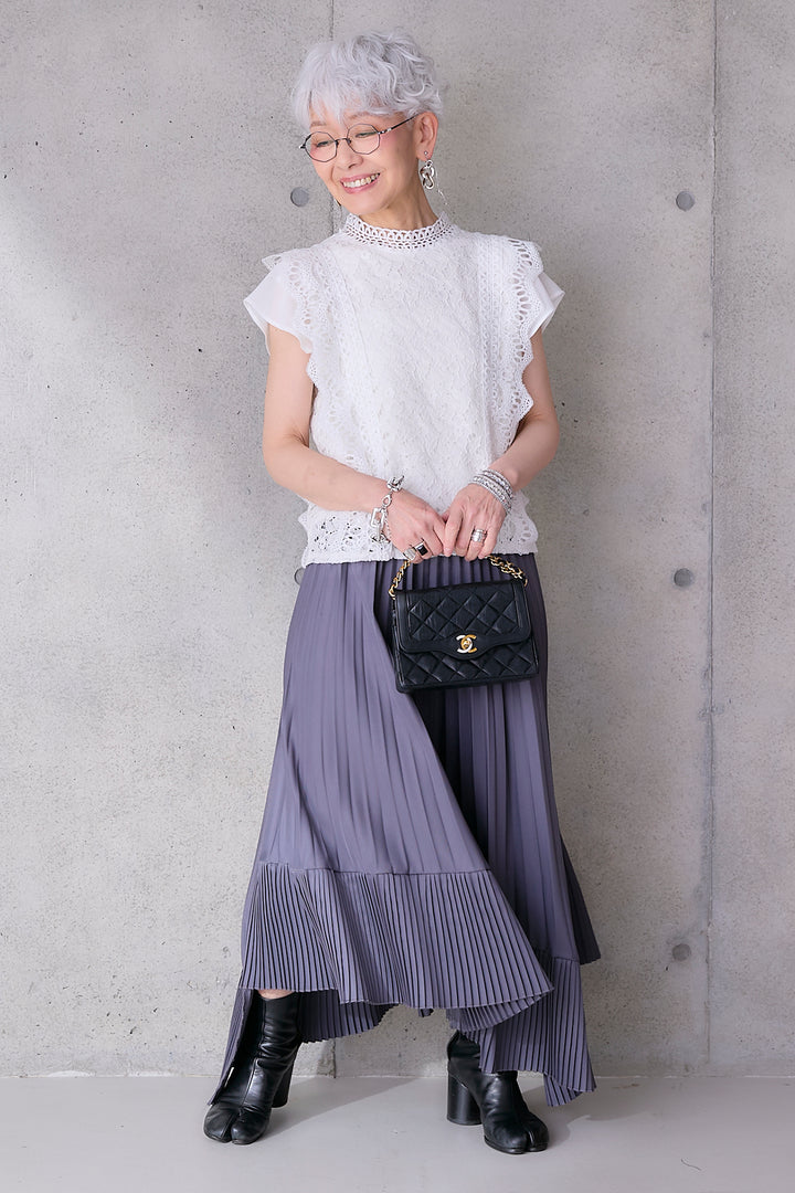 【SET】接触冷感スタンドカラーフレンチスリーブレースブラウス+アシンメトリープリーツスカート(2set)