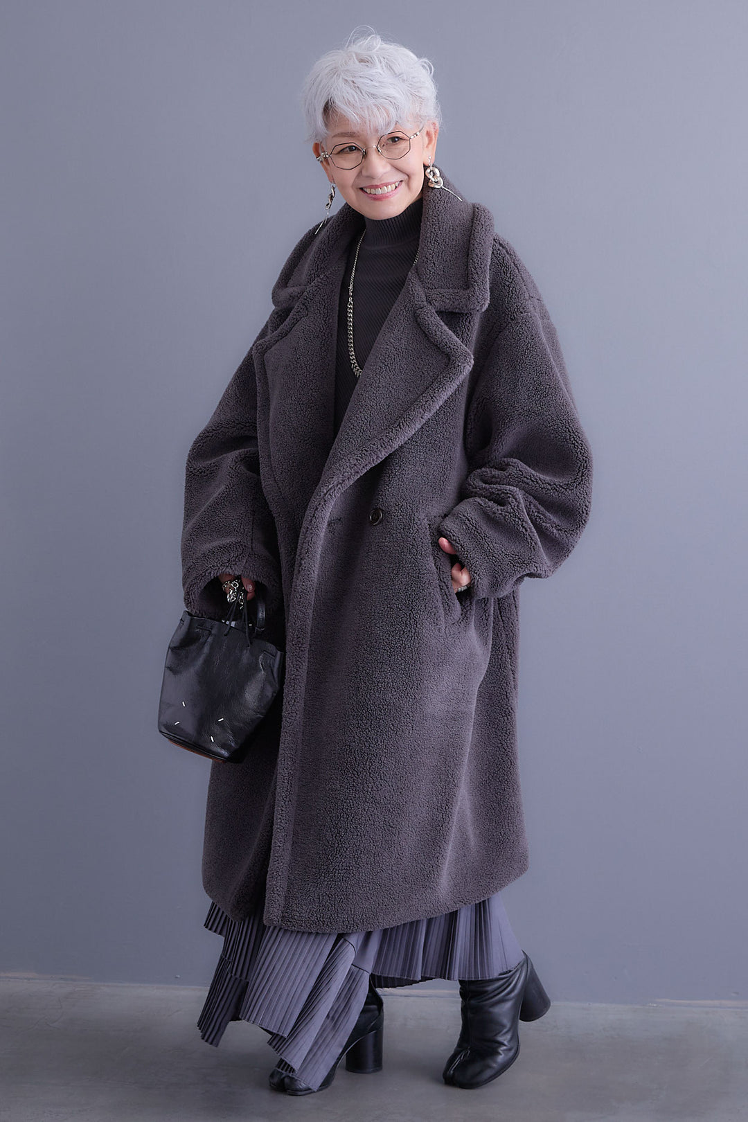 【SET】アシンメトリーオーバーニット+テディボアロングコート+アシンメトリープリーツスカート(3set)