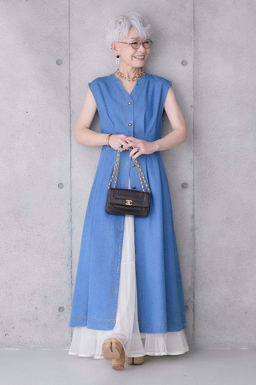 【SET】バックタイノースリーブデニムワンピース+2WAYラメサテンプリーツ×シアーティアードチュールスカート(2set)