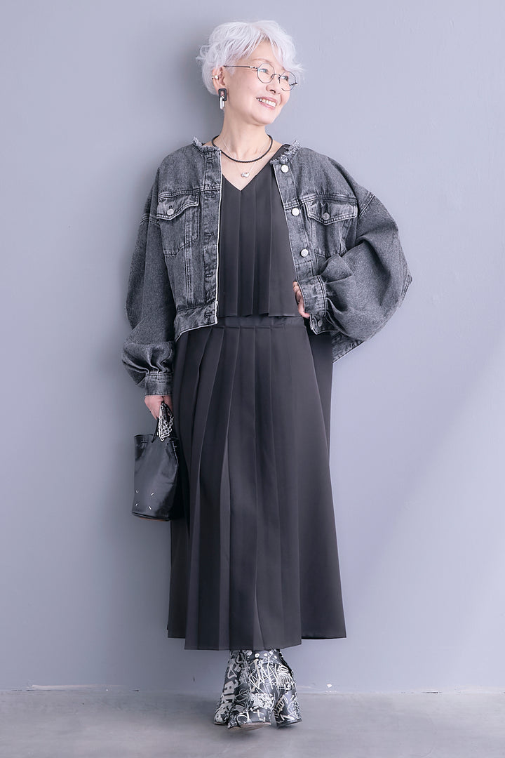 【SET】ボリュームスリーブノーカラーデニムジャケット+ワイドプリーツドッキングワンピース(2set)