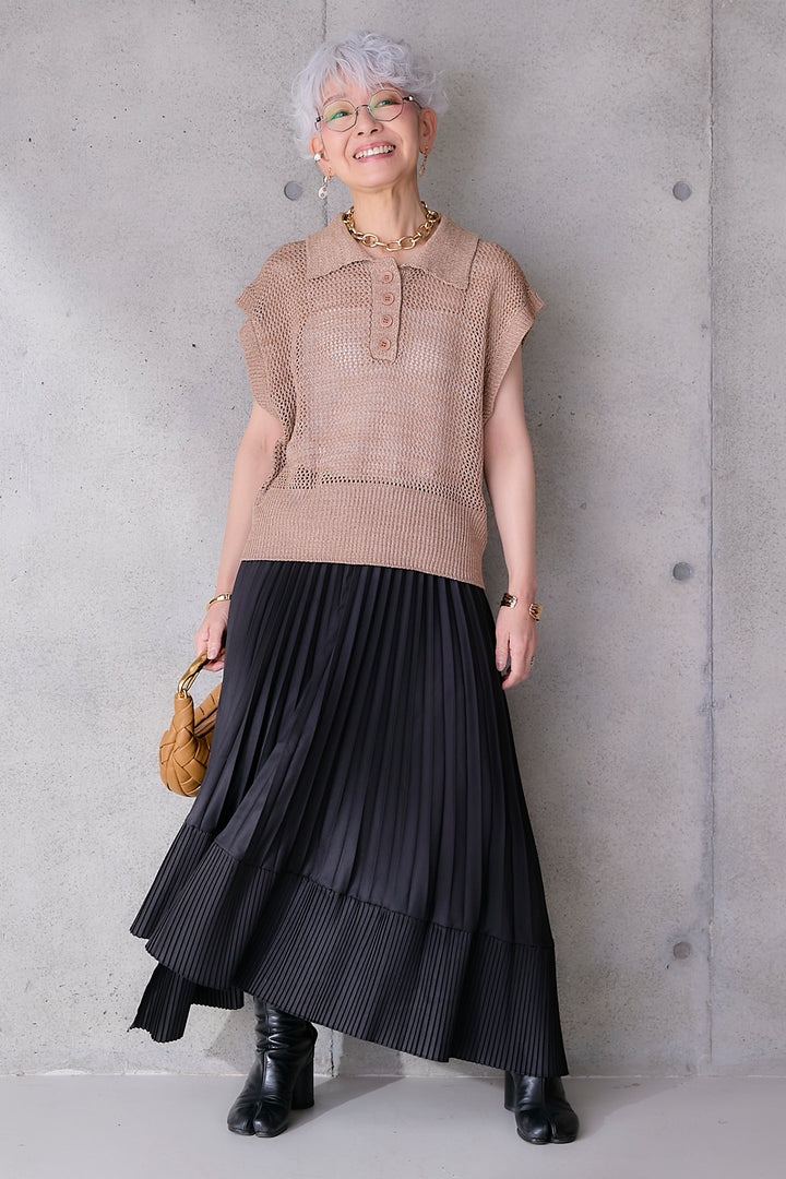 【SET】リネンライクメッシュニット+アシンメトリープリーツスカート(2set)