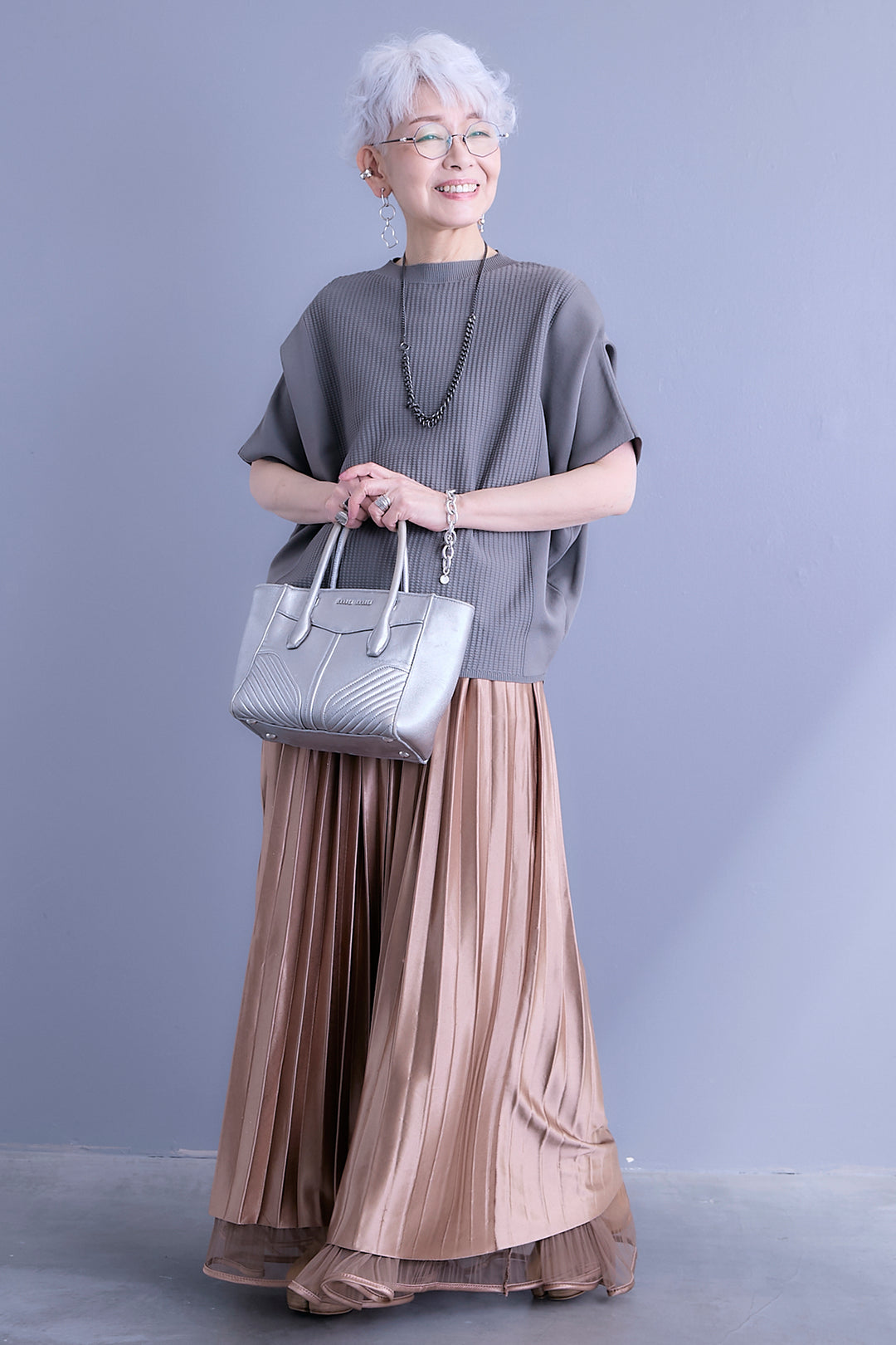 【SET】アップスリーブニットプルオーバー+2WAYラメサテンプリーツ×シアーティアードチュールスカート(2set)