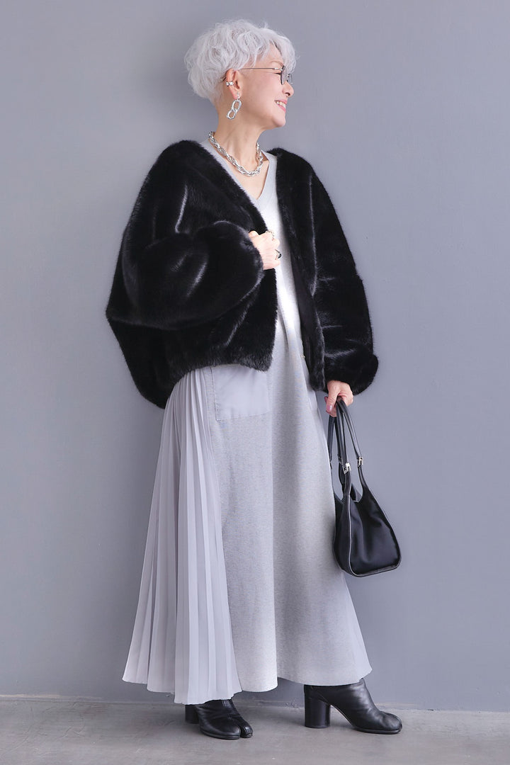 【SET】ZIPポケットサイドプリーツニットワンピース+ノーカラーラウンドシルエットファーコート(2set)