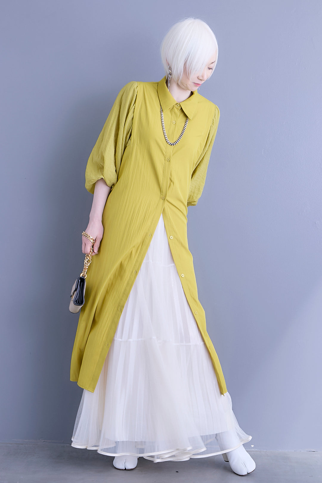 【SET】バルーンスリーブシャツワンピース+2WAYラメサテンプリーツ×シアーティアードチュールスカート(2set)