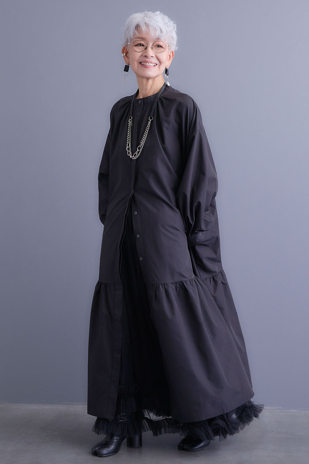 【SET】ボリュームスリーブバックシャンワンピース+フリルチュールティアードスカート(2set)