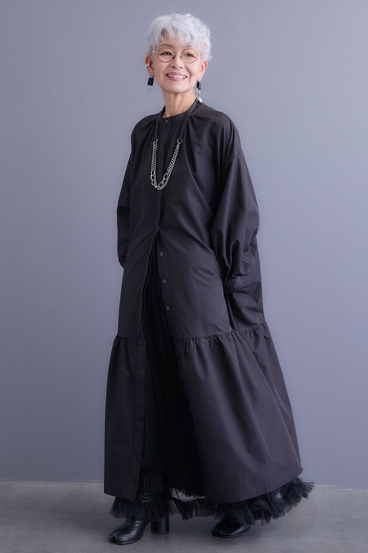 【SET】ボリュームスリーブバックシャンワンピース+フリルチュールティアードスカート(2set)