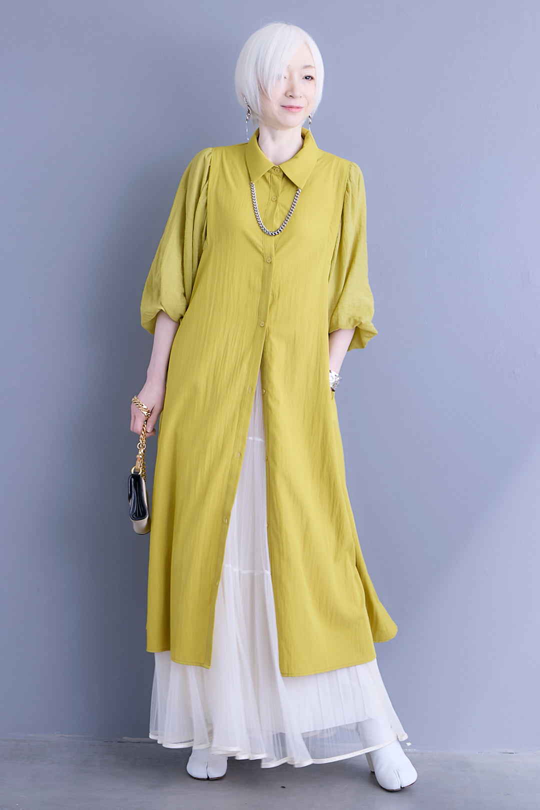 【SET】バルーンスリーブシャツワンピース+2WAYラメサテンプリーツ×シアーティアードチュールスカート(2set)