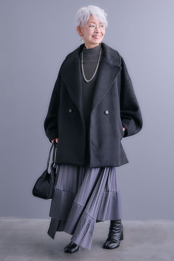 【SET】アシンメトリーオーバーニット+ワイドラペルコクーンスリーブシャギーコート+アシンメトリープリーツスカート(3set)