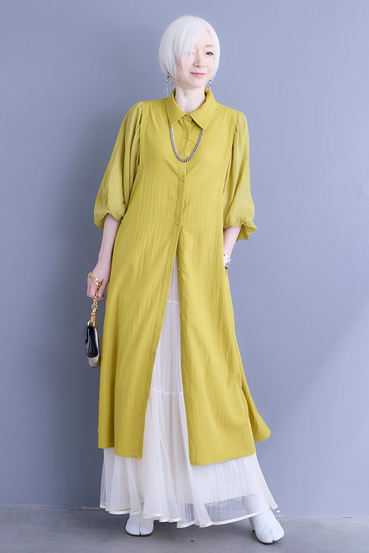 【SET】バルーンスリーブシャツワンピース+2WAYラメサテンプリーツ×シアーティアードチュールスカート(2set)