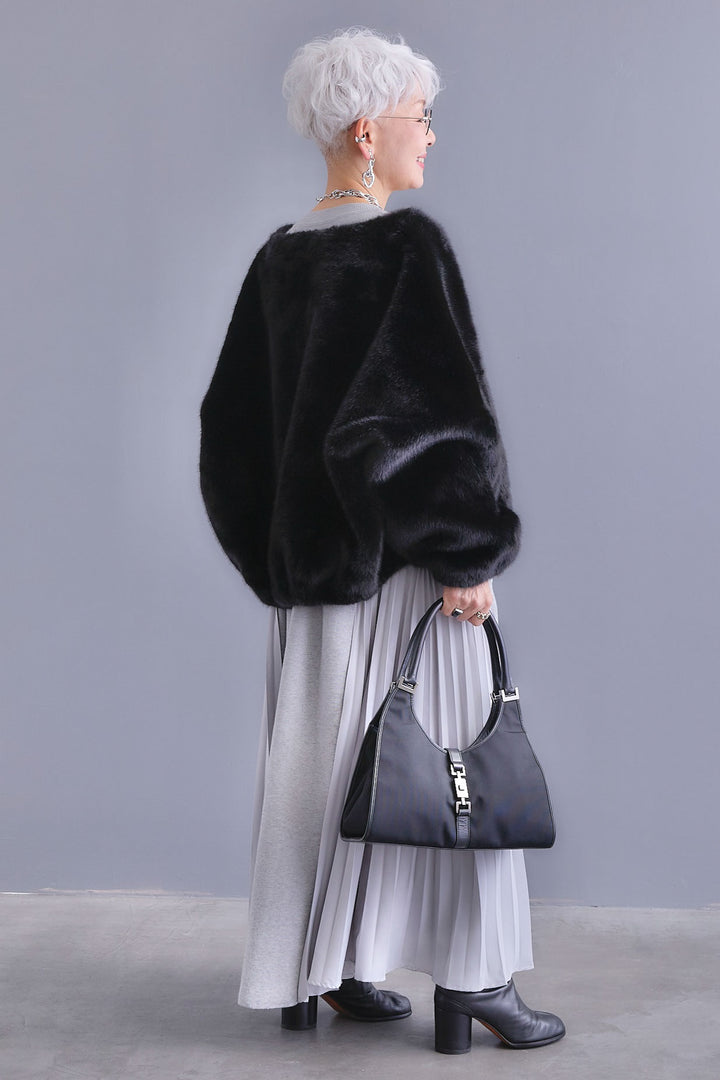 【SET】ZIPポケットサイドプリーツニットワンピース+ノーカラーラウンドシルエットファーコート(2set)