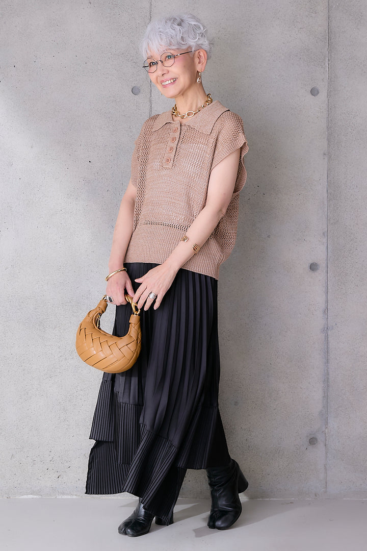 【SET】リネンライクメッシュニット+アシンメトリープリーツスカート(2set)