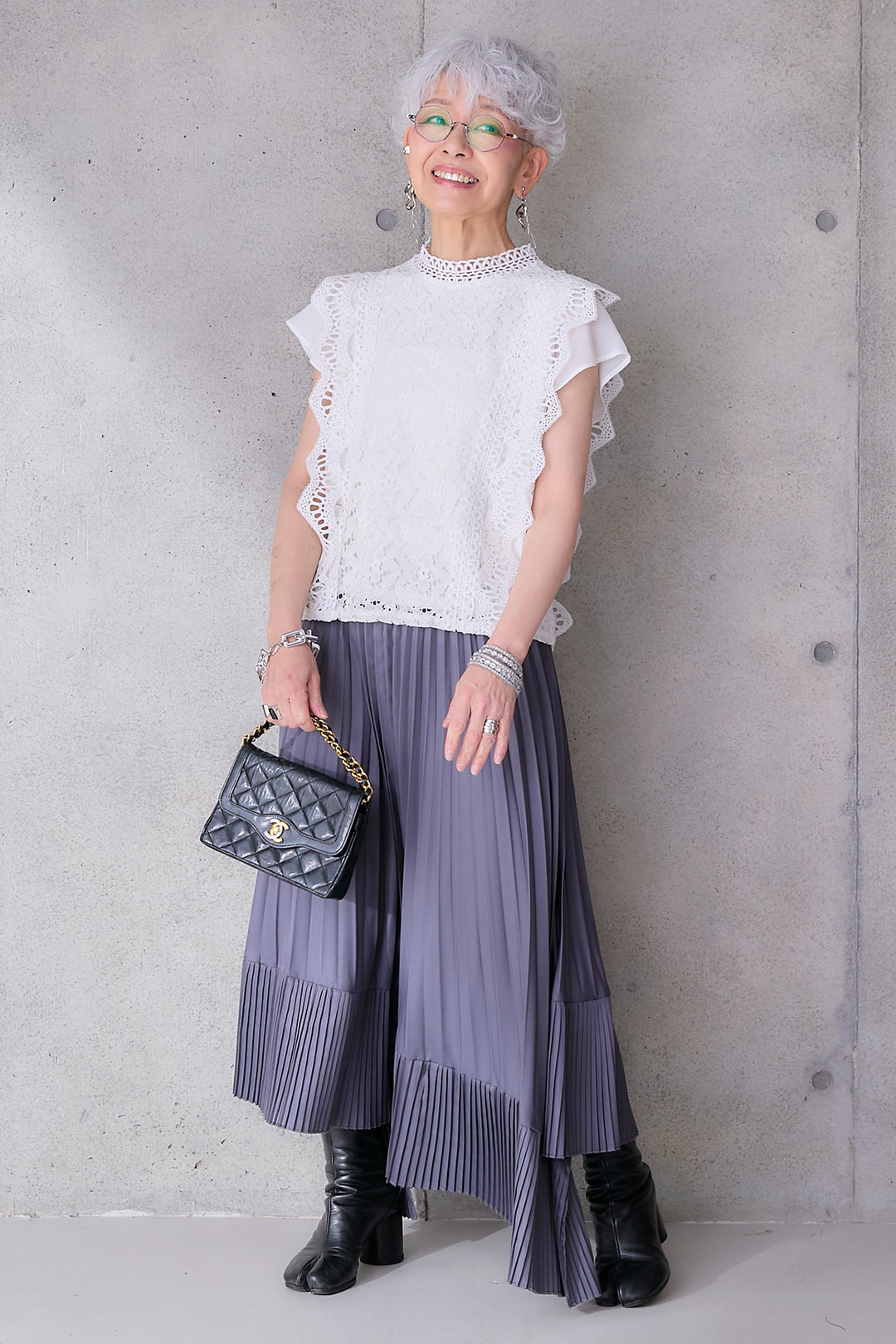 【SET】接触冷感スタンドカラーフレンチスリーブレースブラウス+アシンメトリープリーツスカート(2set)