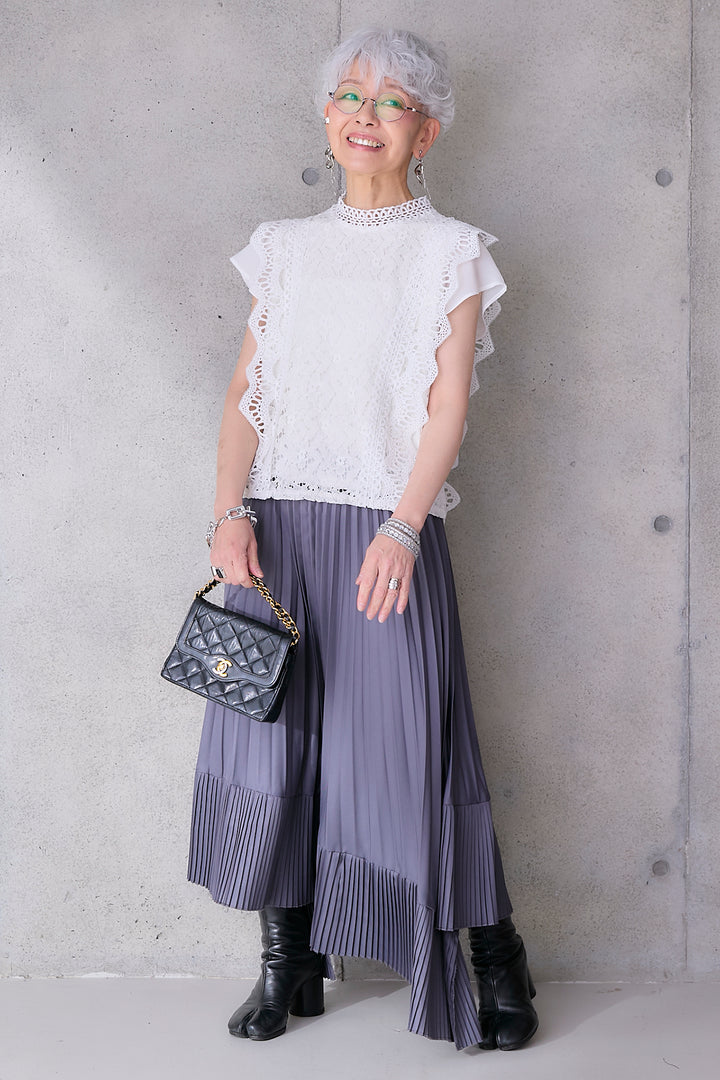 【SET】接触冷感スタンドカラーフレンチスリーブレースブラウス+アシンメトリープリーツスカート(2set)