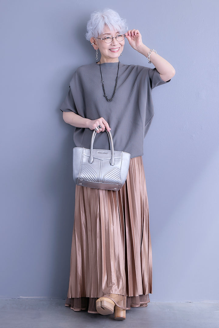 【SET】アップスリーブニットプルオーバー+2WAYラメサテンプリーツ×シアーティアードチュールスカート(2set)