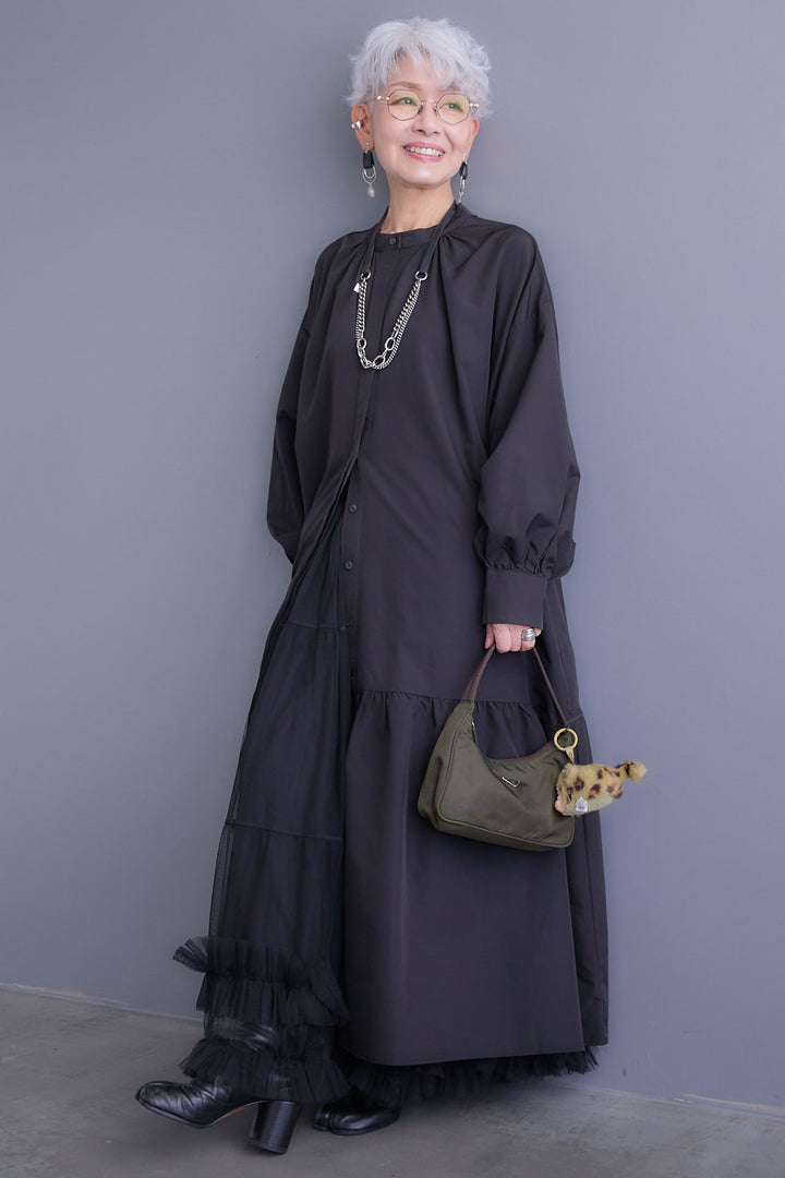 【SET】ボリュームスリーブバックシャンワンピース+フリルチュールティアードスカート(2set)