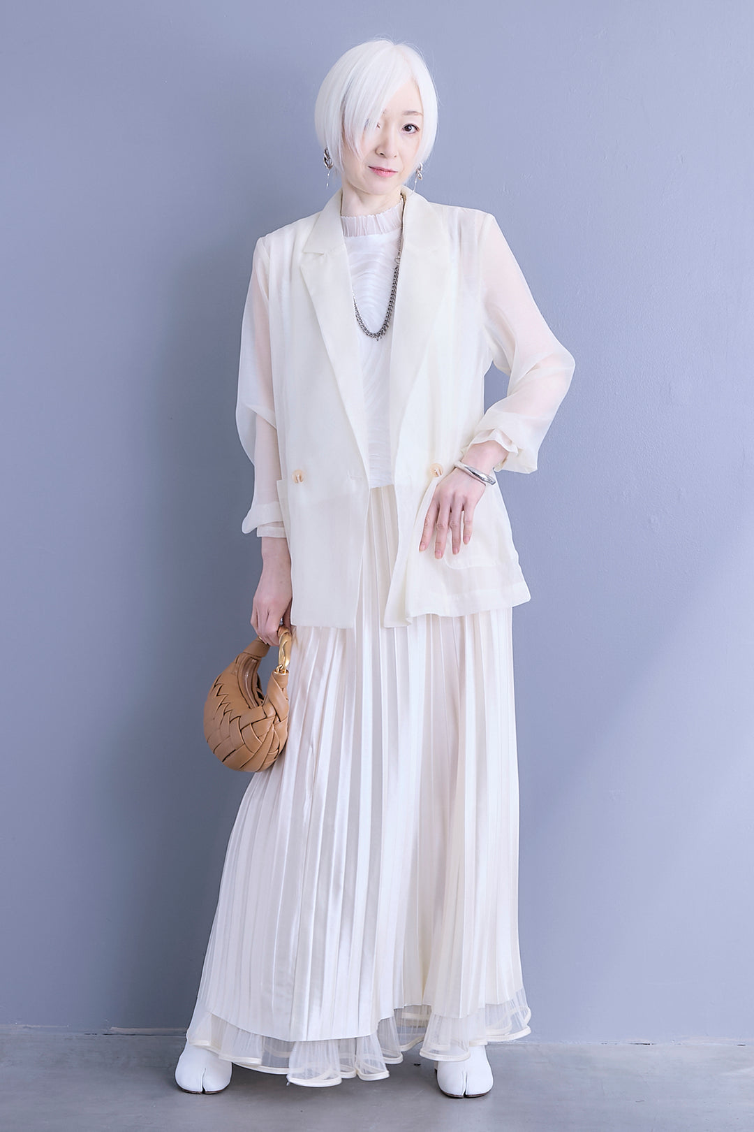 【SET】シアーポプリンダブルテーラードジャケット+ウェーブモチーフスタンドネックブラウス+2WAYラメサテンプリーツ×シアーティアードチュールスカート(3set)