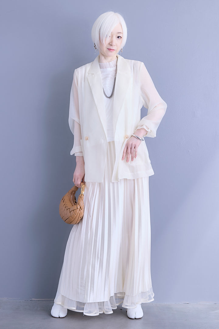 【SET】シアーポプリンダブルテーラードジャケット+ウェーブモチーフスタンドネックブラウス+2WAYラメサテンプリーツ×シアーティアードチュールスカート(3set)