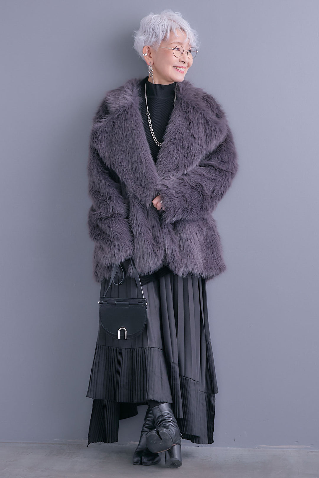 【SET】アシンメトリーオーバーニット+テーラードカラーファーコート+アシンメトリープリーツスカート(3set)