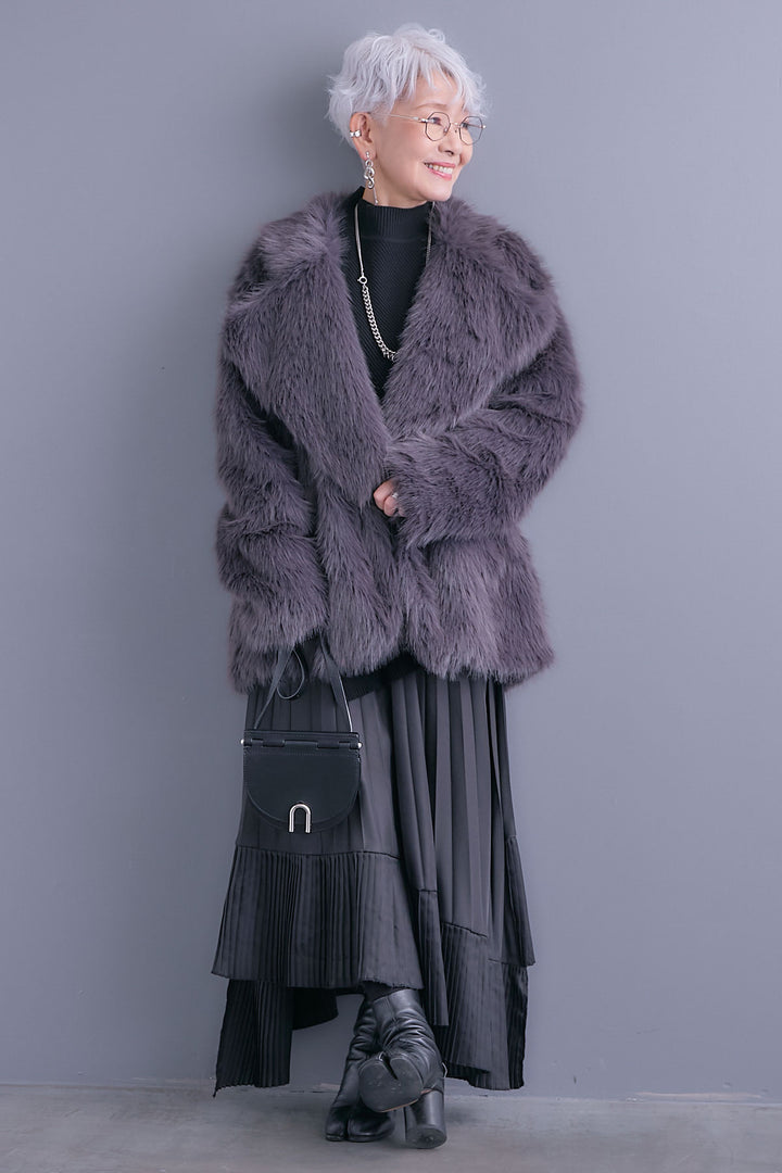 【SET】アシンメトリーオーバーニット+テーラードカラーファーコート+アシンメトリープリーツスカート(3set)