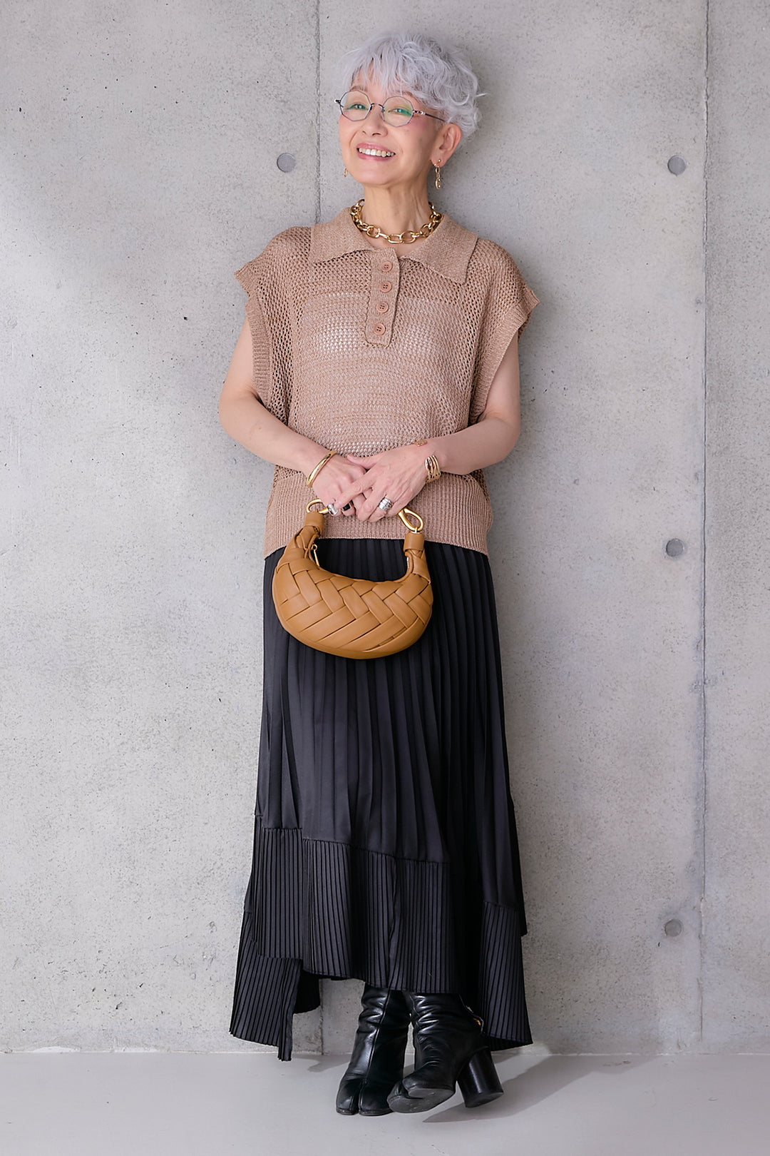 【SET】リネンライクメッシュニット+アシンメトリープリーツスカート(2set)