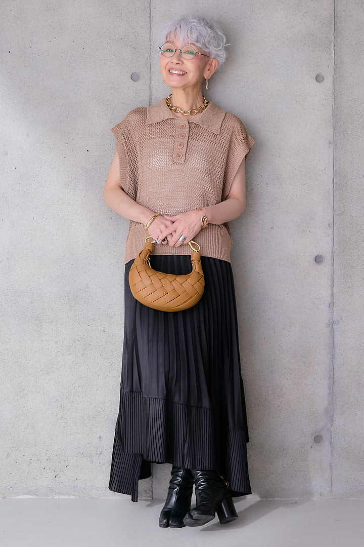 【SET】リネンライクメッシュニット+アシンメトリープリーツスカート(2set)