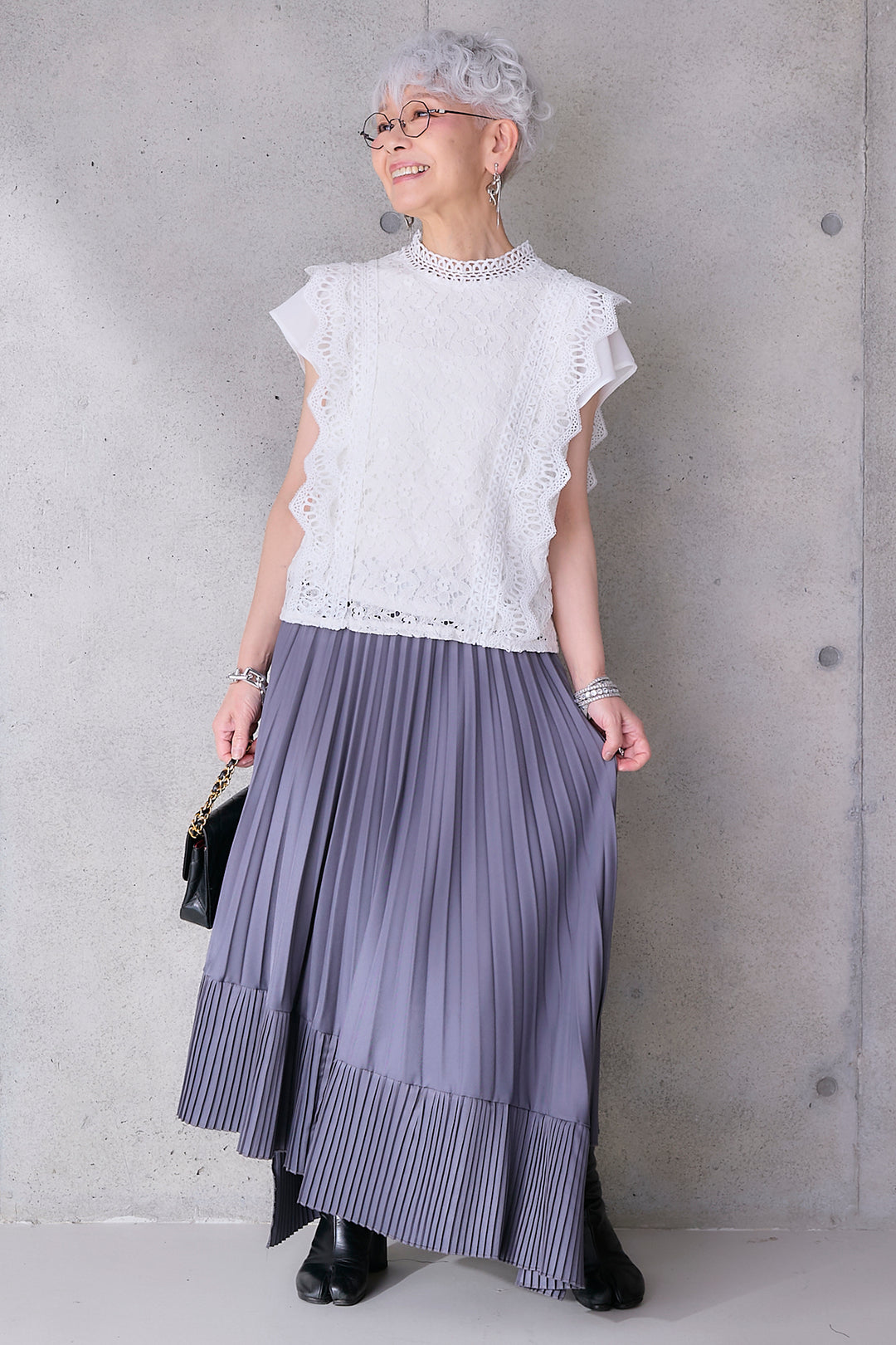 【SET】接触冷感スタンドカラーフレンチスリーブレースブラウス+アシンメトリープリーツスカート(2set)