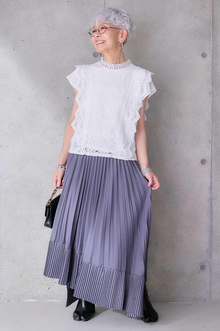 【SET】接触冷感スタンドカラーフレンチスリーブレースブラウス+アシンメトリープリーツスカート(2set)