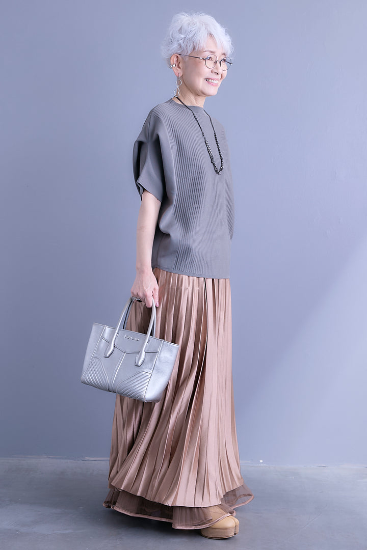 【SET】アップスリーブニットプルオーバー+2WAYラメサテンプリーツ×シアーティアードチュールスカート(2set)
