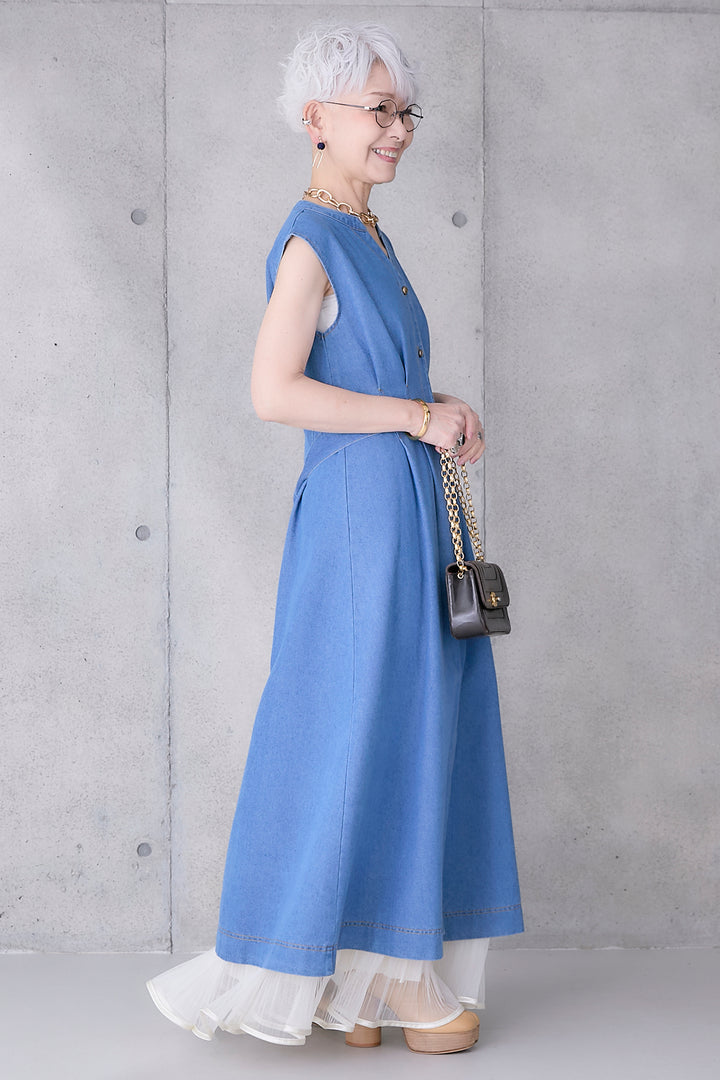 【SET】バックタイノースリーブデニムワンピース+2WAYラメサテンプリーツ×シアーティアードチュールスカート(2set)