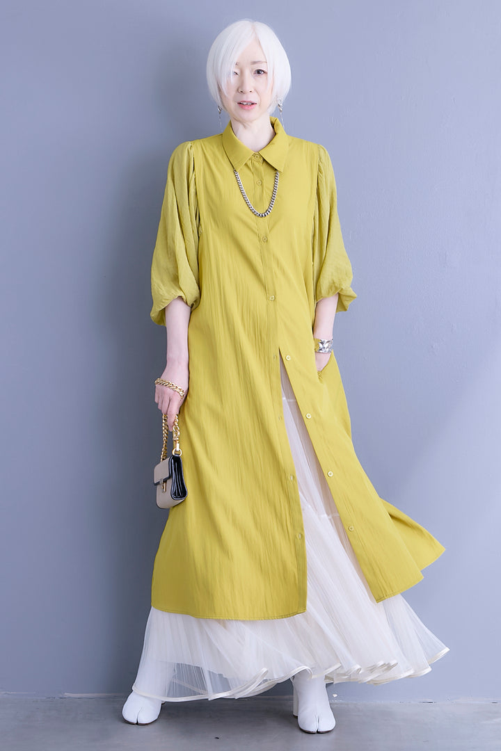【SET】バルーンスリーブシャツワンピース+2WAYラメサテンプリーツ×シアーティアードチュールスカート(2set)